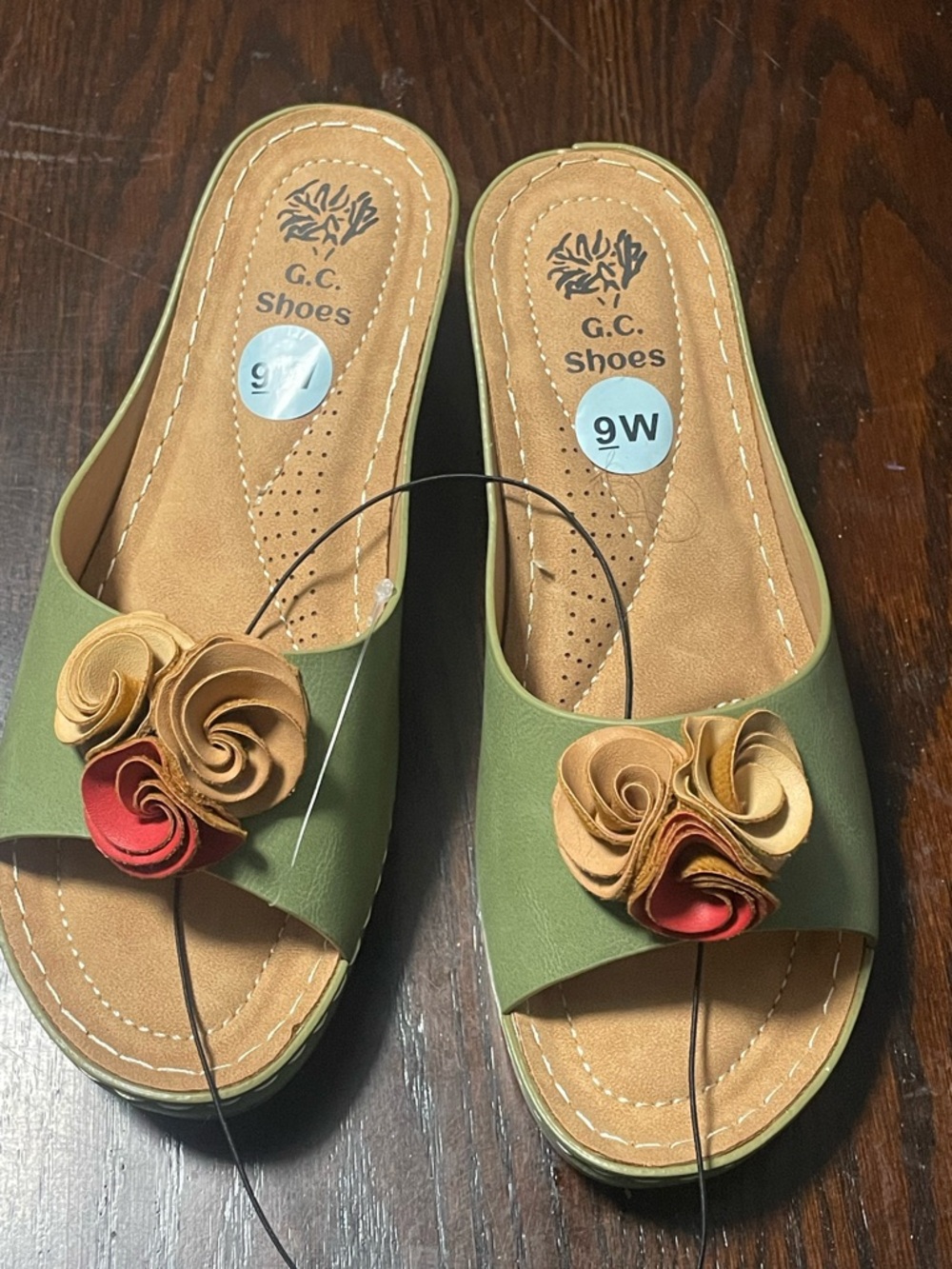 Women’s Olive Green Slide Sandals with Floral Accent - Picture 3 of 5